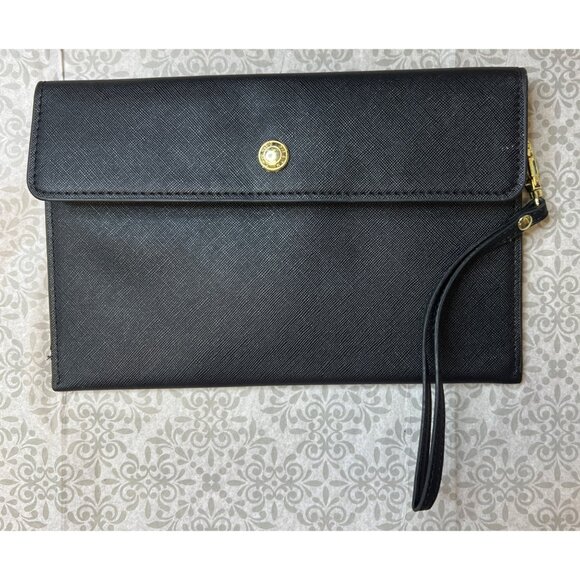 Black Faux Leather Wristlet Clutch With Gold-Tone Snap Closure & Purple Interior - Picture 1 of 2